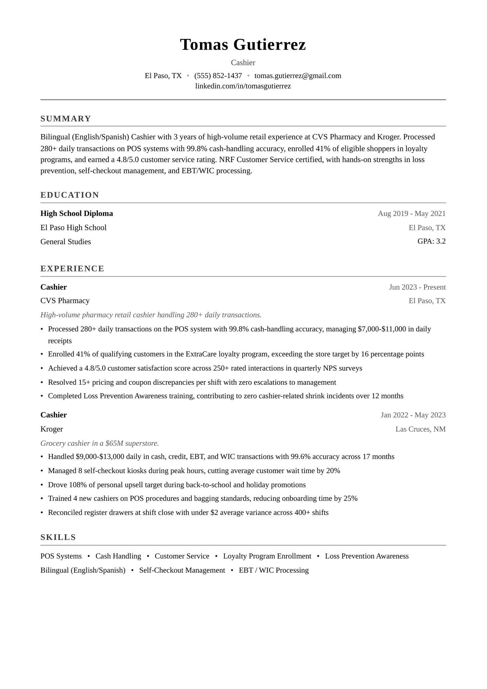 Example part-time cashier resume for Tomas Gutierrez with summary, education, experience, and skills sections