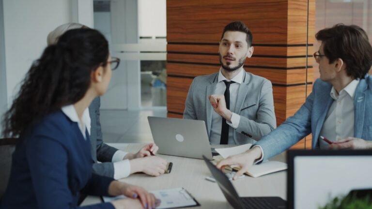 Professional business team collaborating in an office meeting
