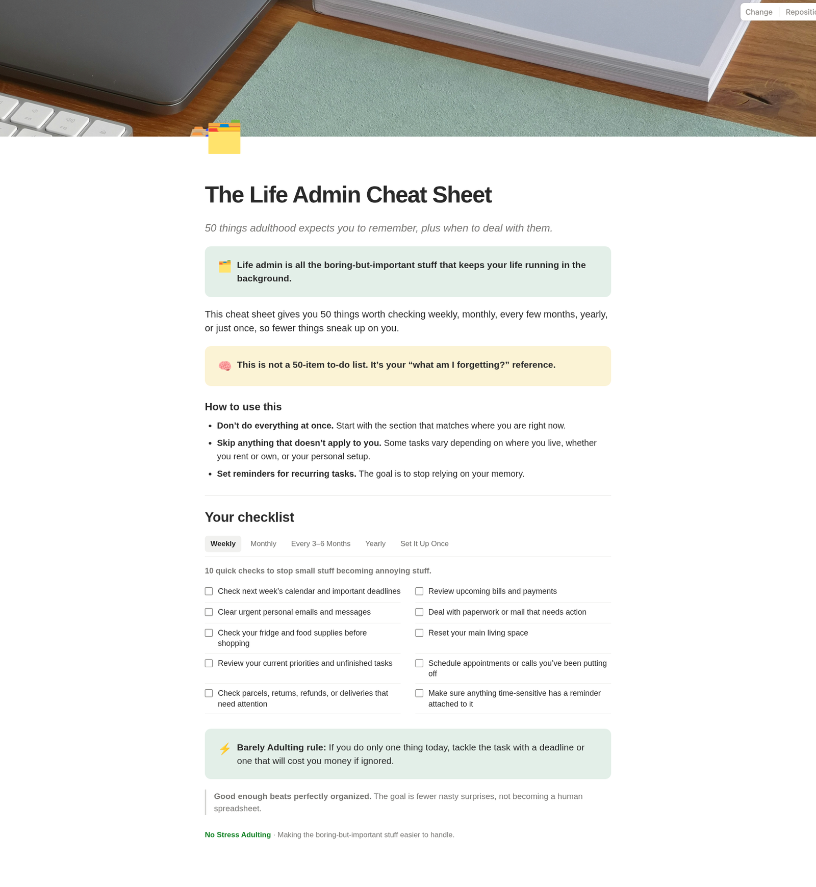 The Life Admin Cheat Sheet Notion template, showing the cover, intro notes and Weekly checklist