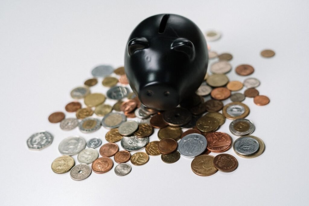 Black piggy bank surrounded by coins, representing money set aside for a replacement fund